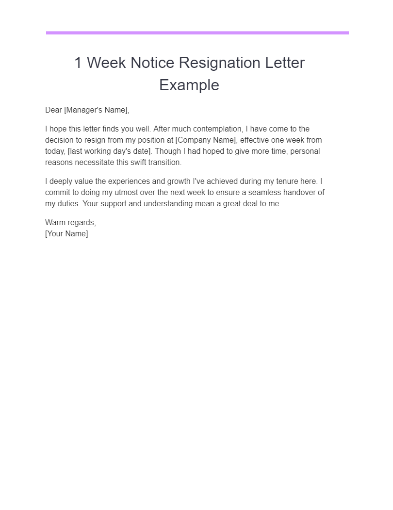 1 week notice resignation letter examples