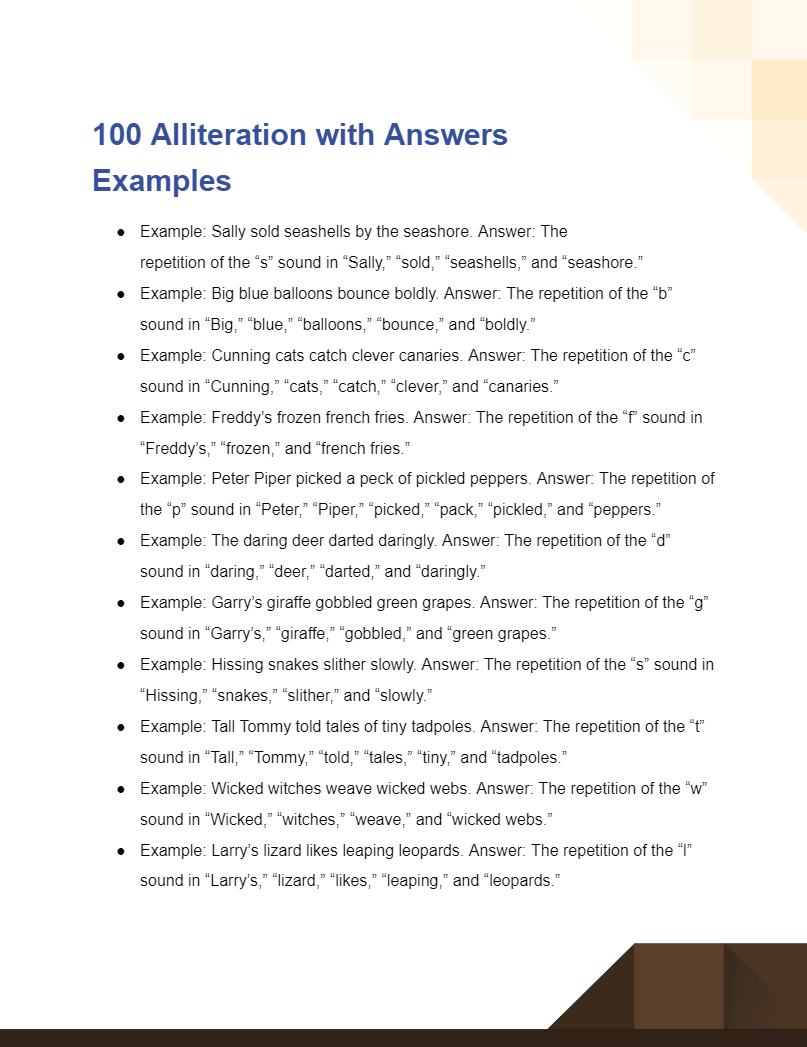 100 alliteration with answers examples