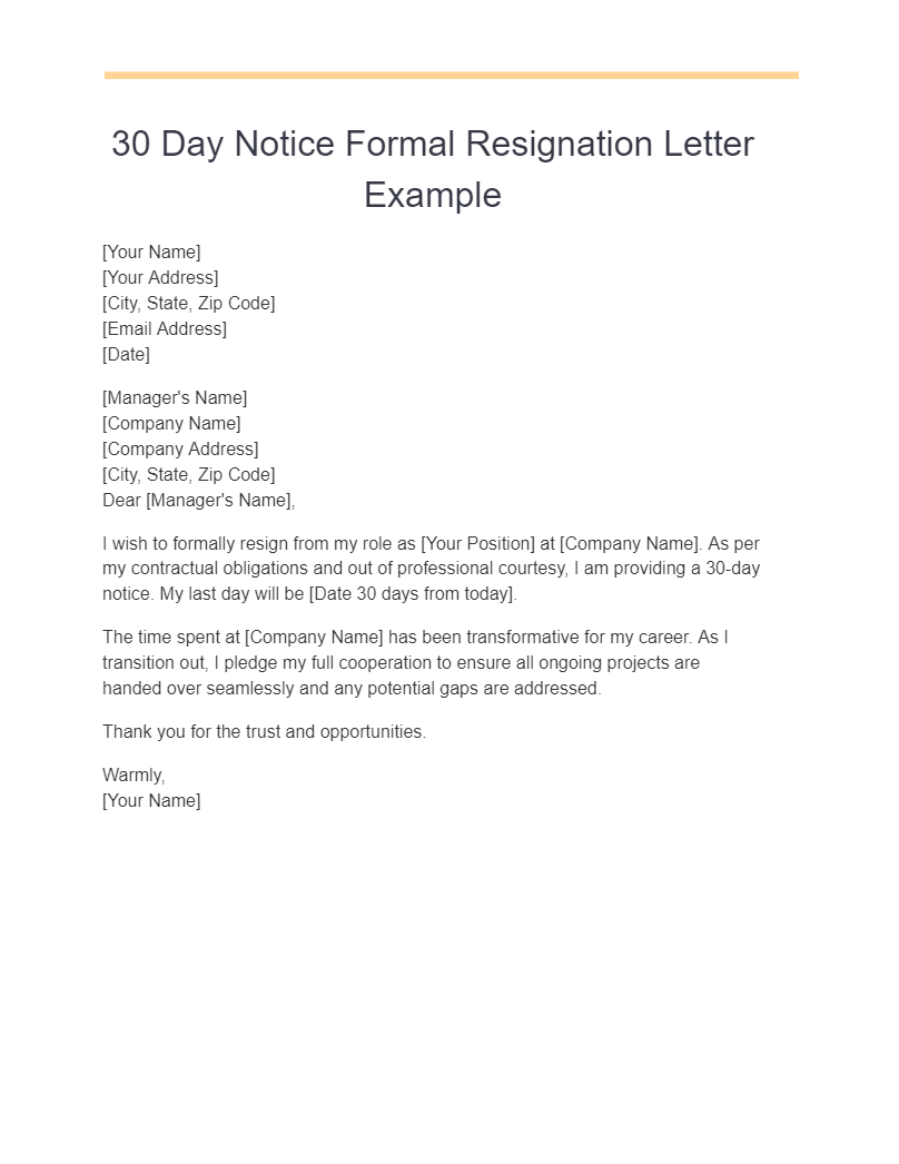 30 day notice formal resignation letter example