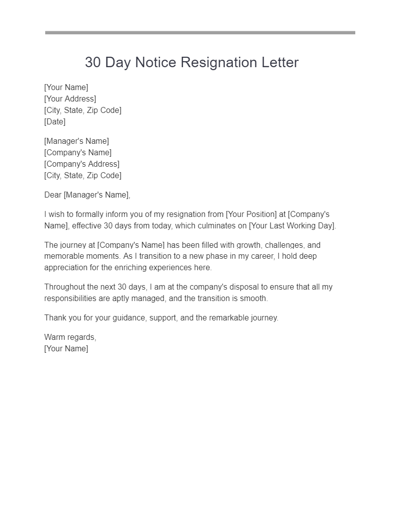 30 day notice resignation letter