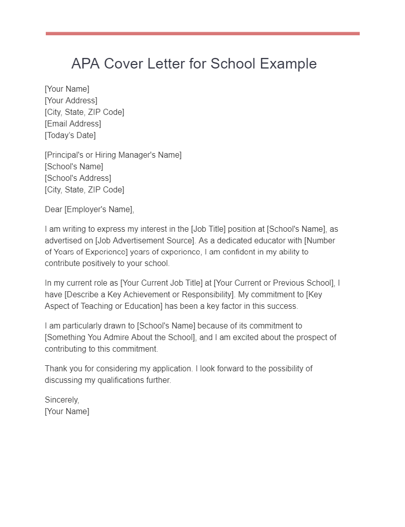 APA Cover Letter for School Example