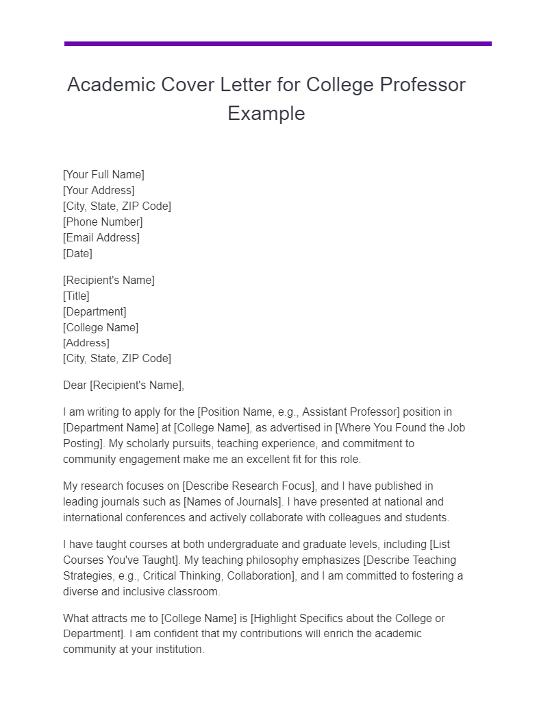 academic cover letter for college professor example