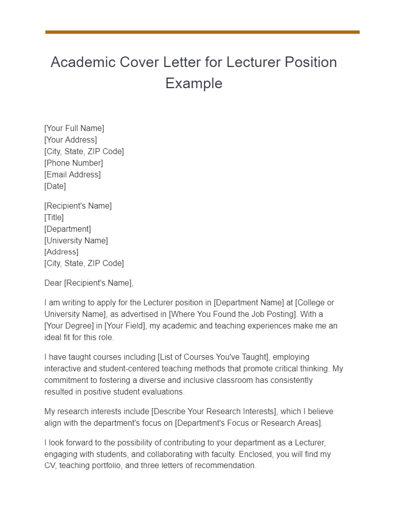 academic cover letter for lecturer position example