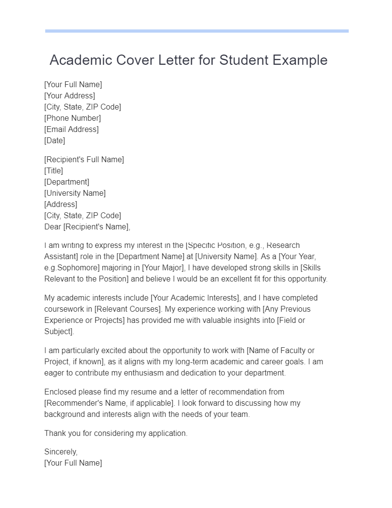 academic cover letter for student example
