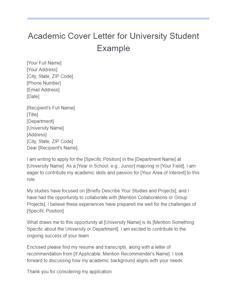 academic cover letter for university student example