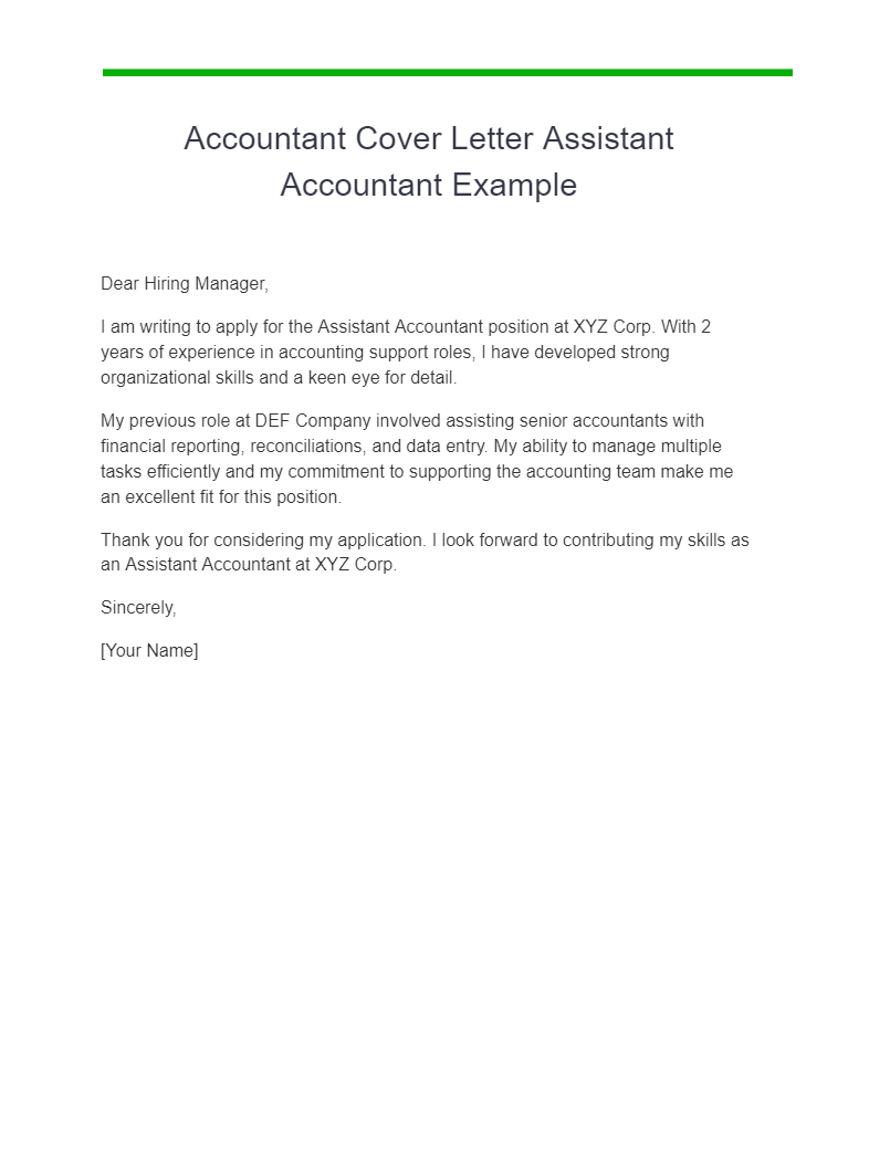 Accountant Cover Letter Assistant Accountant Example