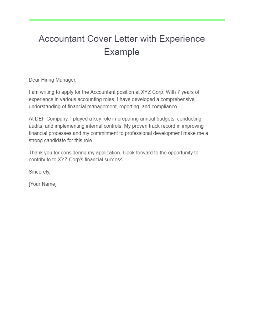 Accountant Cover Letter with Experience Example
