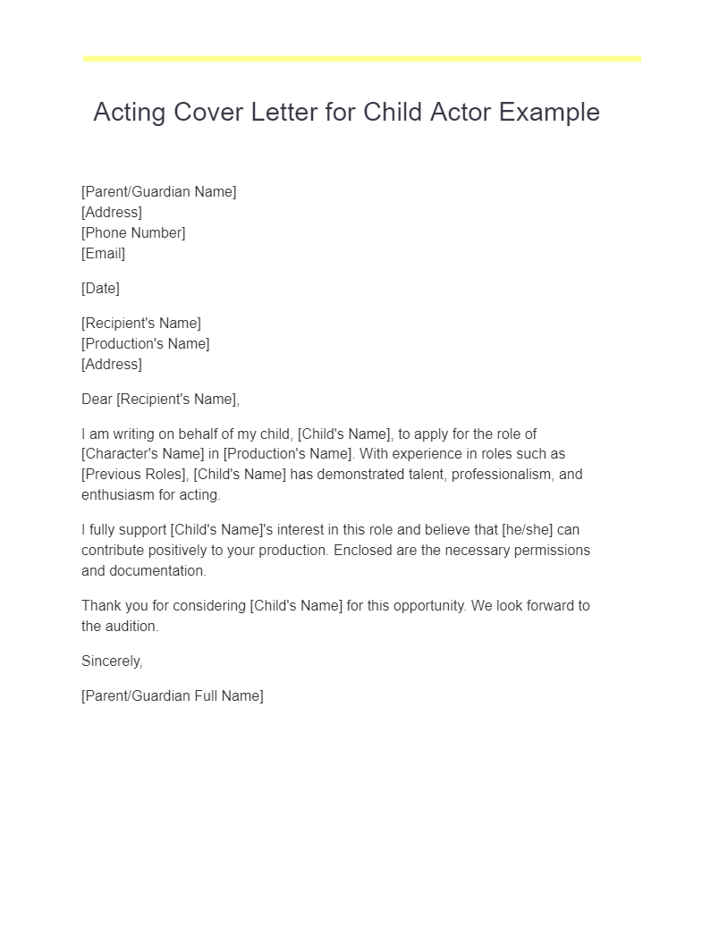Acting Cover Letter for Child Actor Example