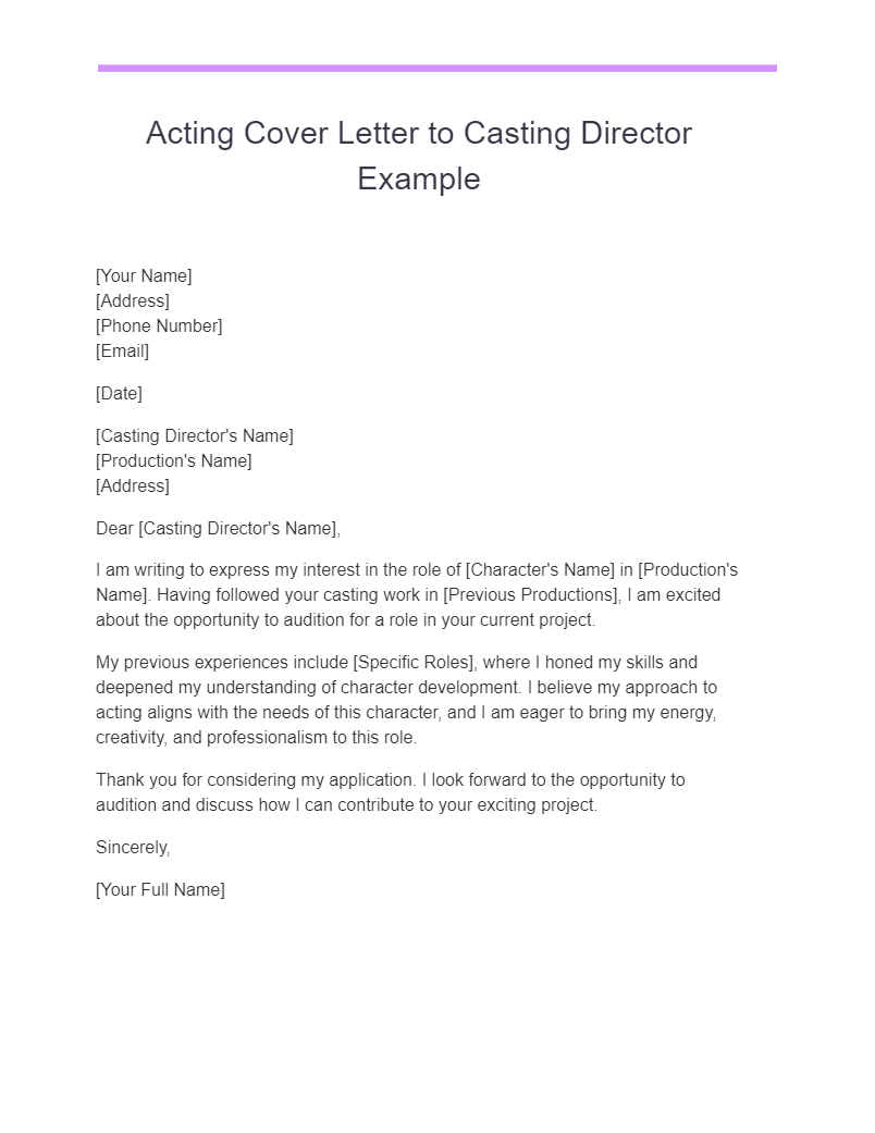 Acting Cover Letter to Casting Director Example