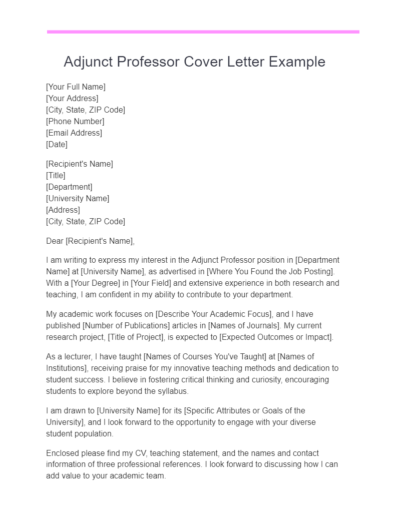 adjunct professor cover letter example