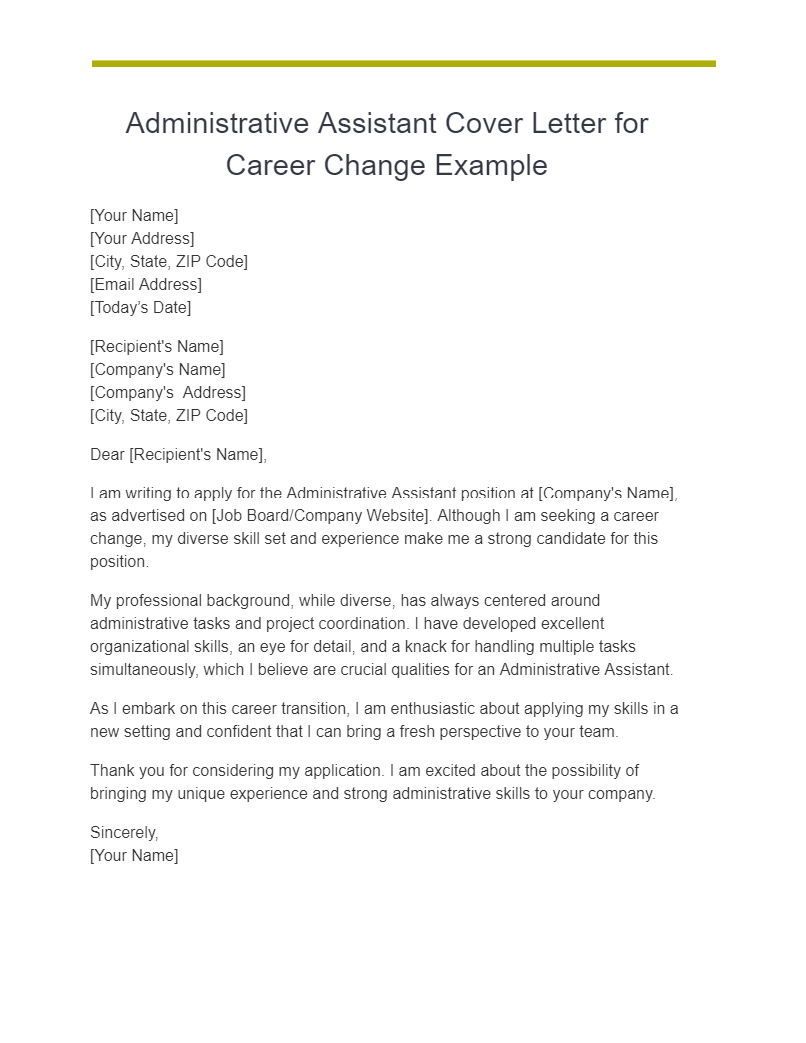 administrative assistant cover letter for career change example