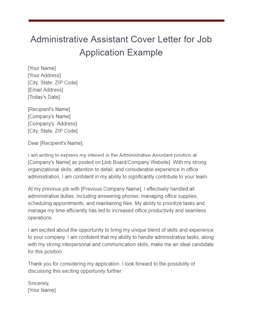 administrative assistant cover letter for job application example