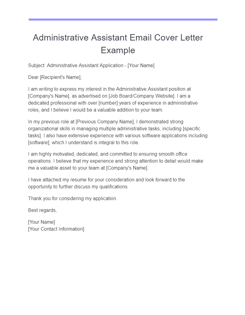 administrative assistant email cover letter example