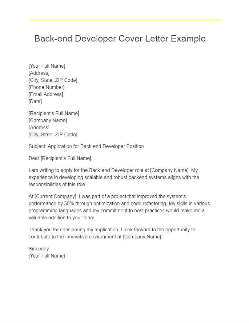 back end developer cover letter example