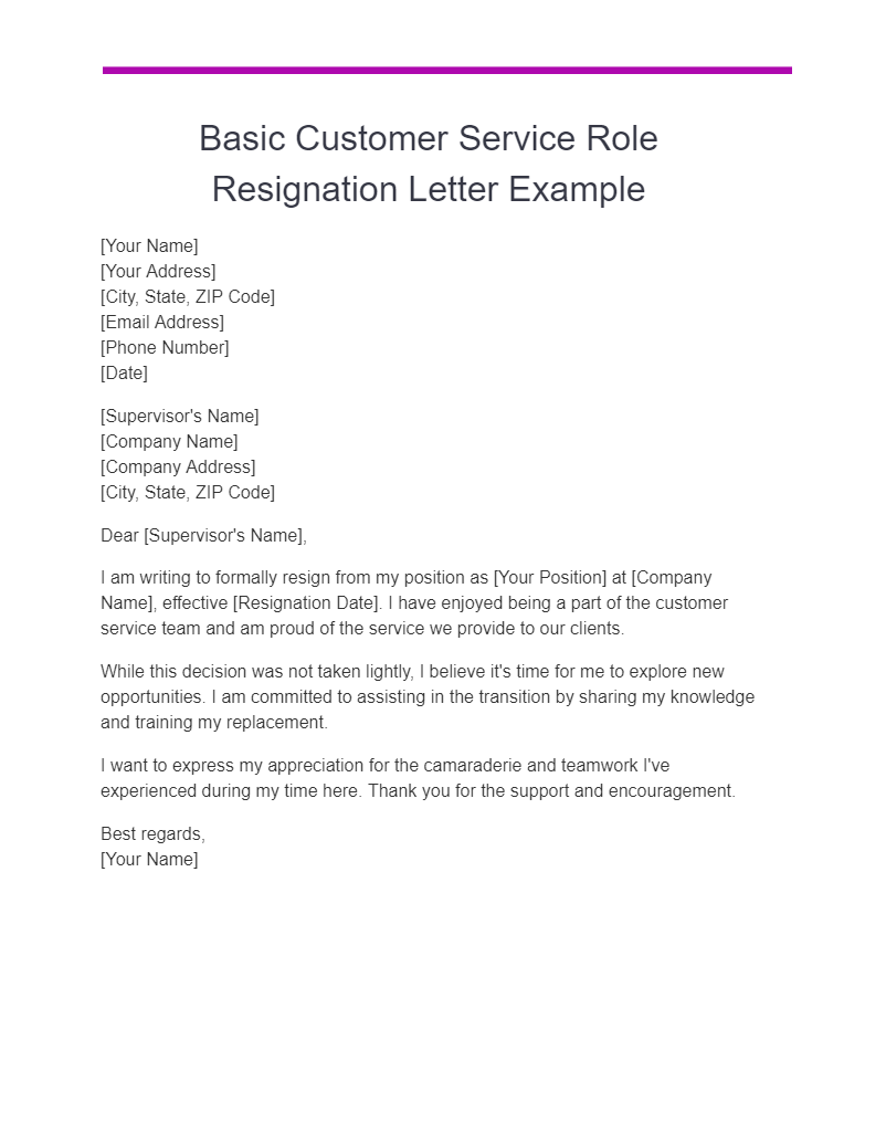 basic customer service role resignation letter example
