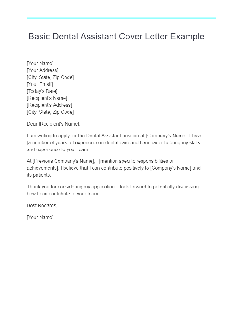 Basic Dental Assistant Cover Letter Example