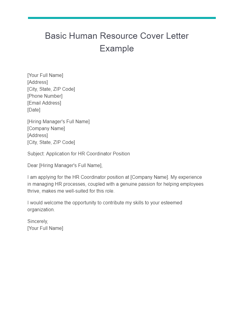 Basic Human Resource Cover Letter Example