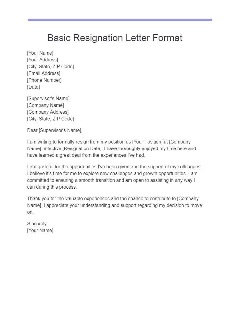 basic resignation letter format