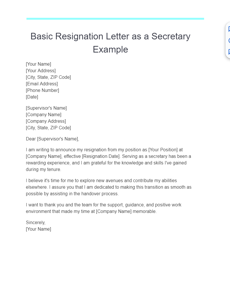 basic resignation letter as a secretary example