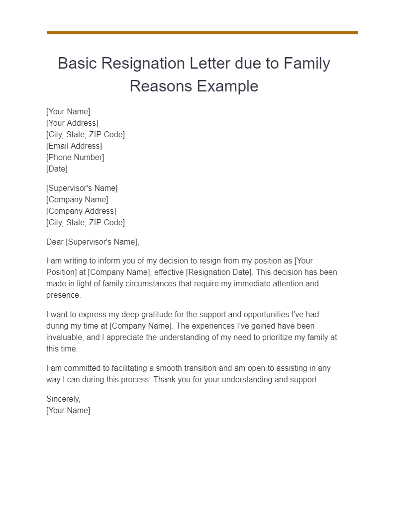 basic resignation letter due to family reasons example