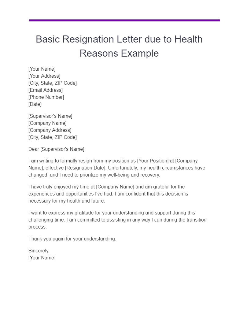 basic resignation letter due to health reasons example