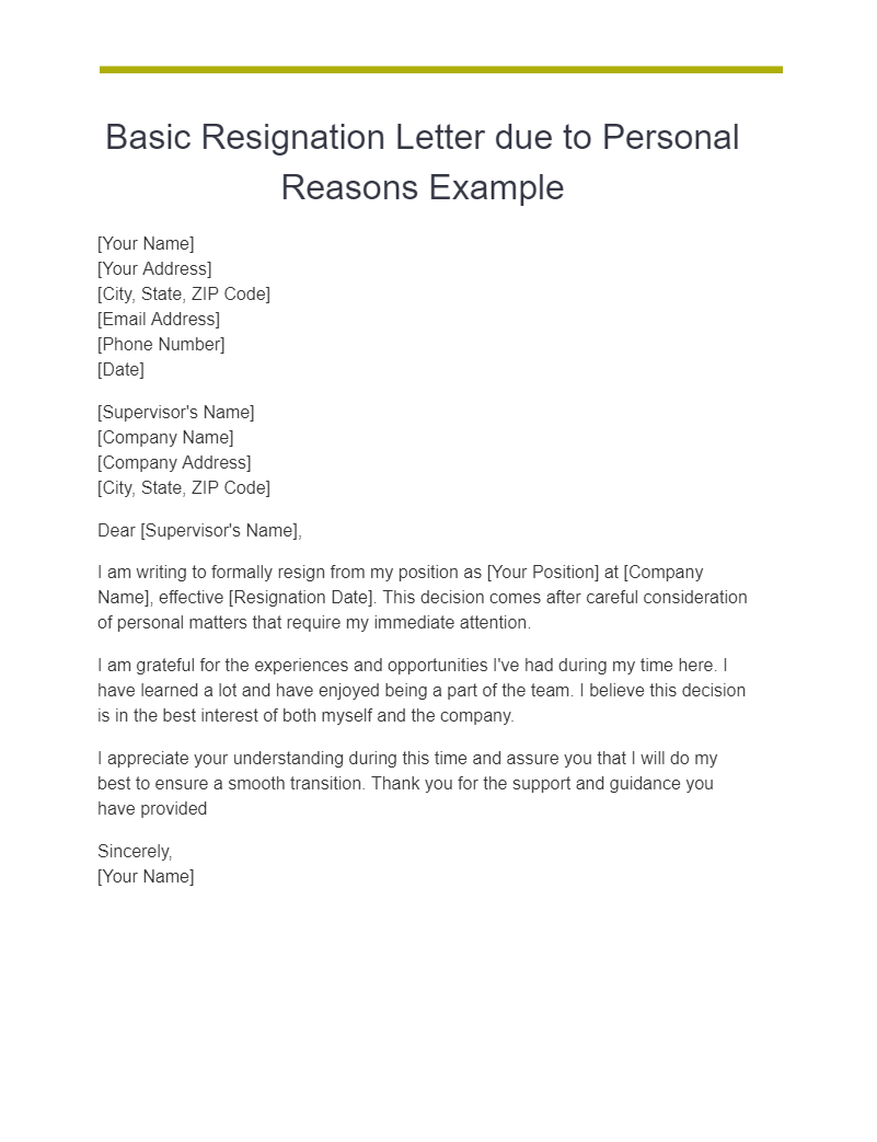 basic resignation letter due to personal reasons example