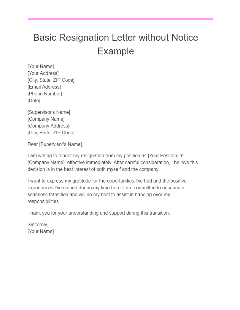 basic resignation letter without notice example