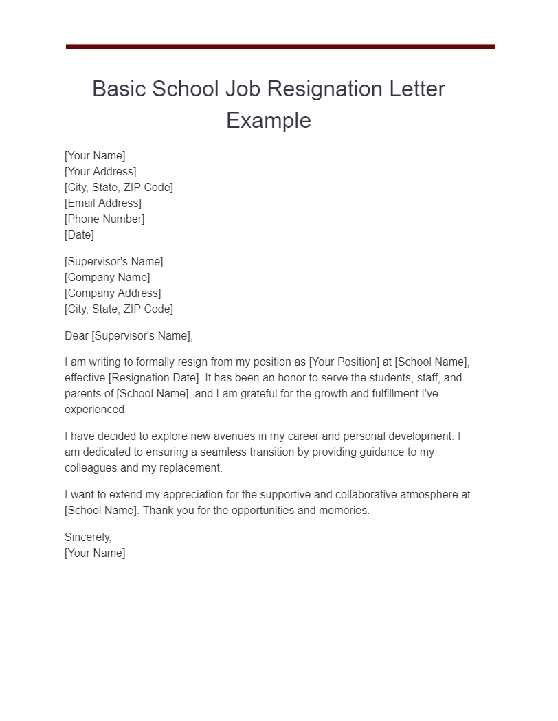 basic school job resignation letter example
