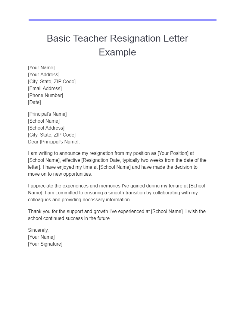 basic teacher resignation letter examples
