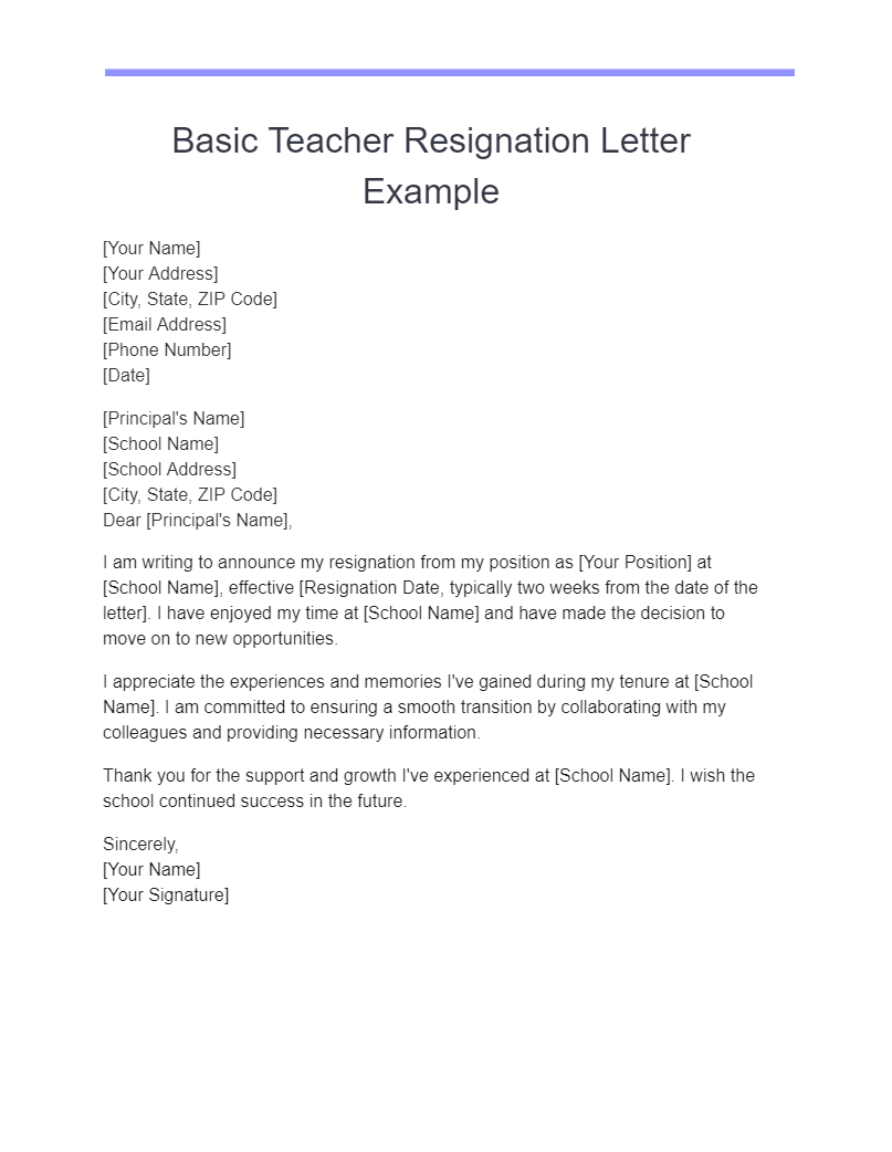 Basic Teacher Resignation Letter Examples