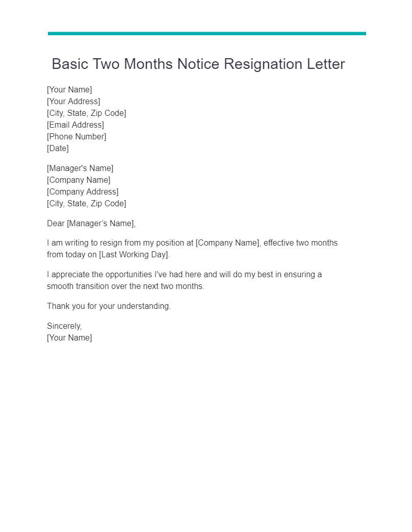 basic two months notice resignation letter