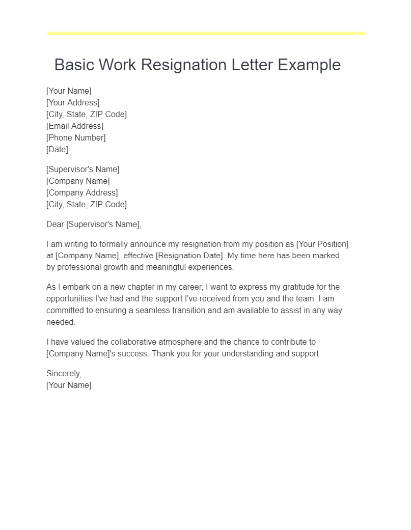 basic work resignation letter example