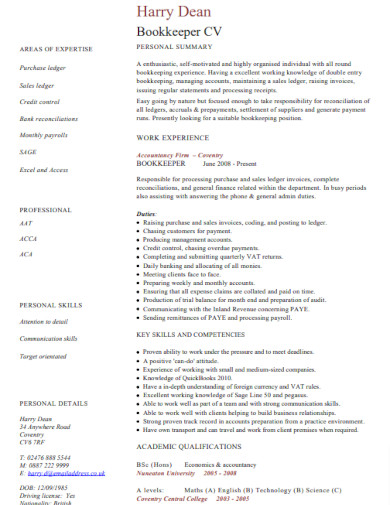 Bookkeeper CV Template Example