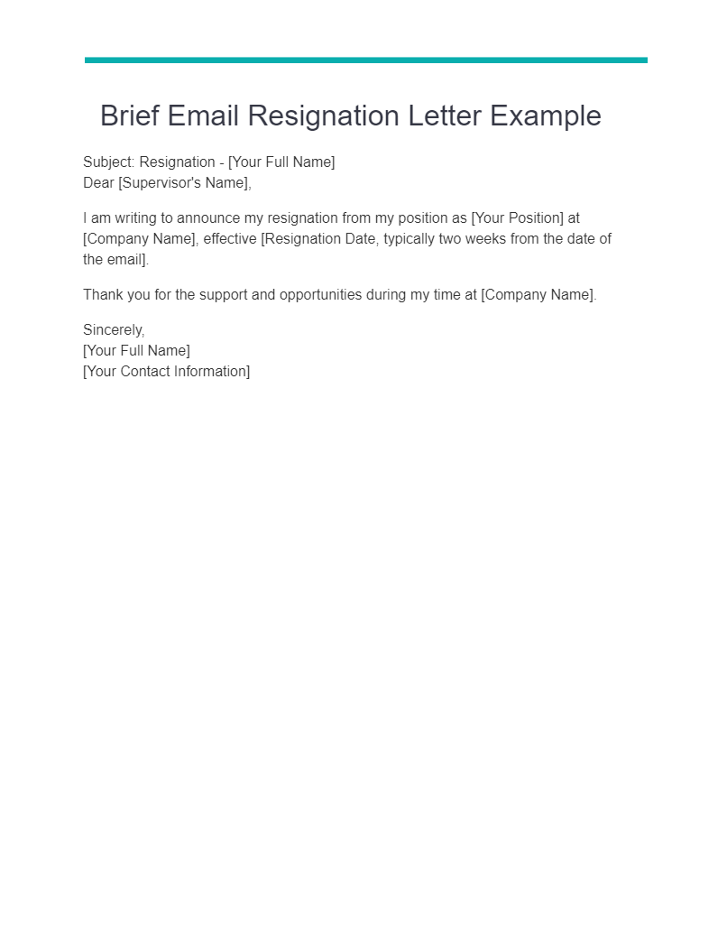brief email resignation letter example