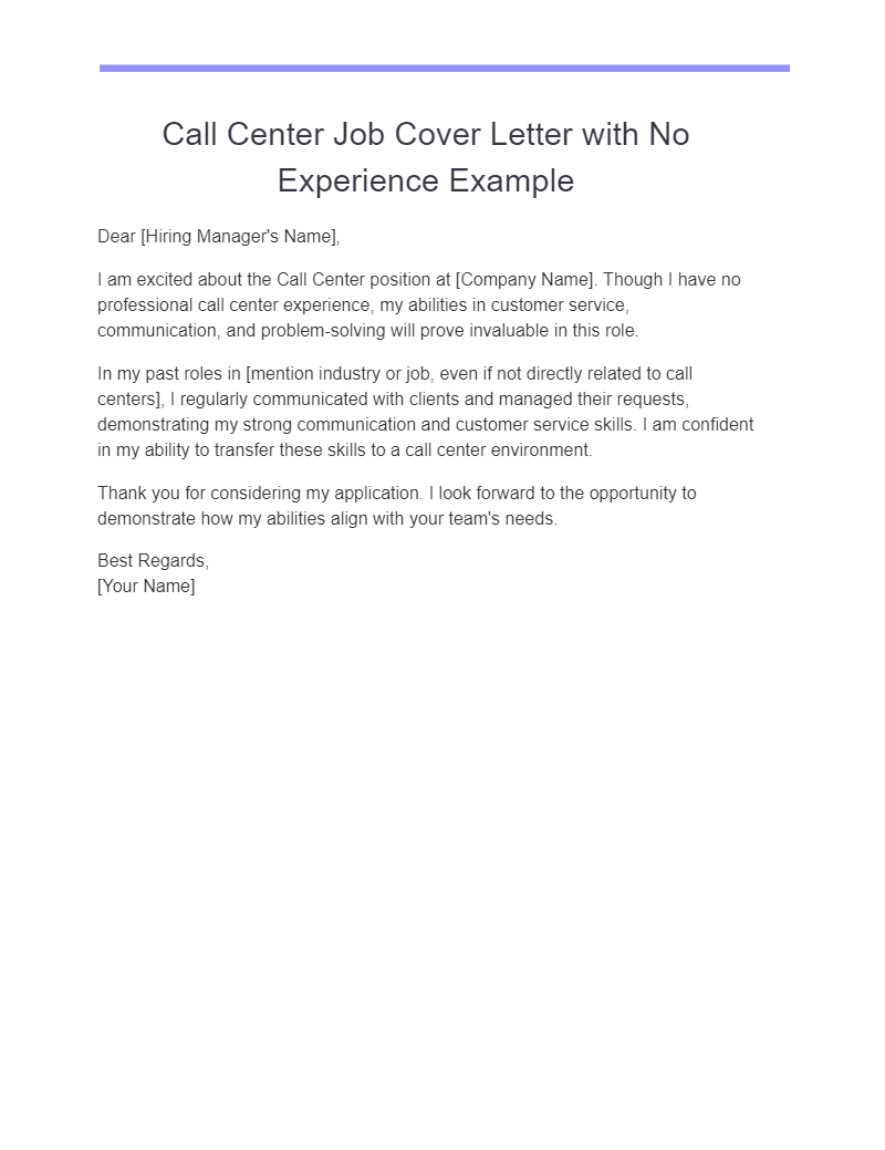 call center job cover letter with no experience example