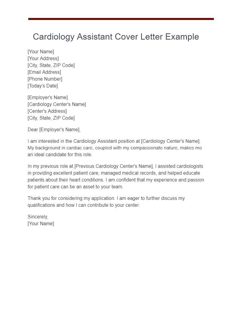cardiology assistant cover letter example