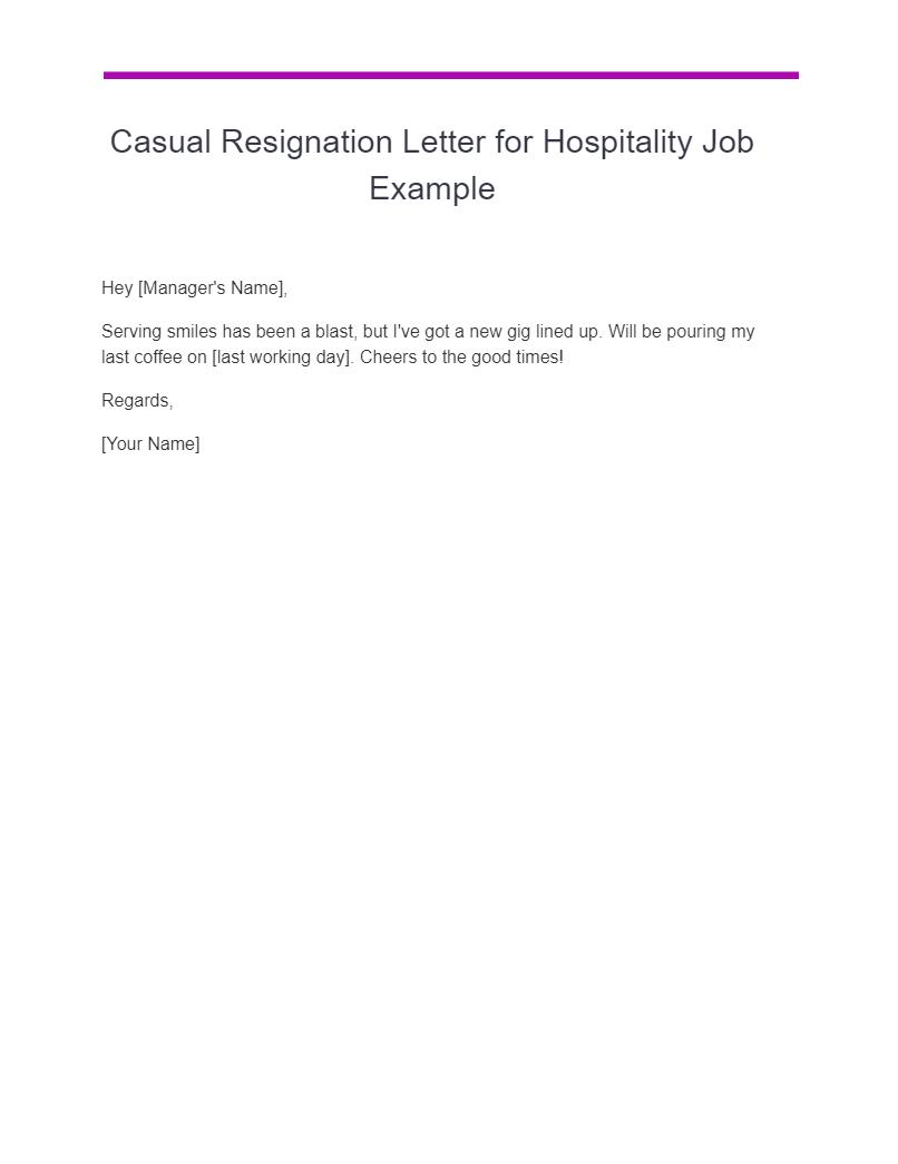 casual resignation letter for hospitality job example