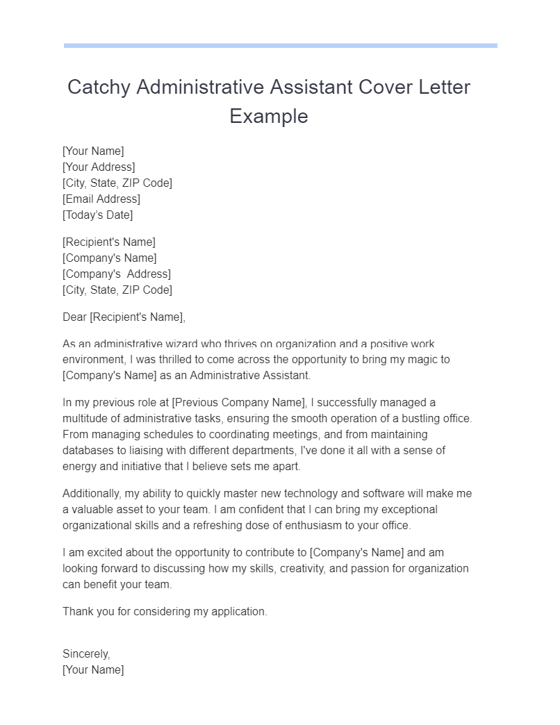 catchy administrative assistant cover letter example