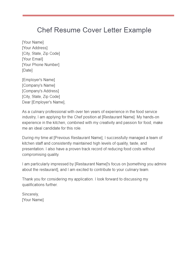 chef resume cover letter example