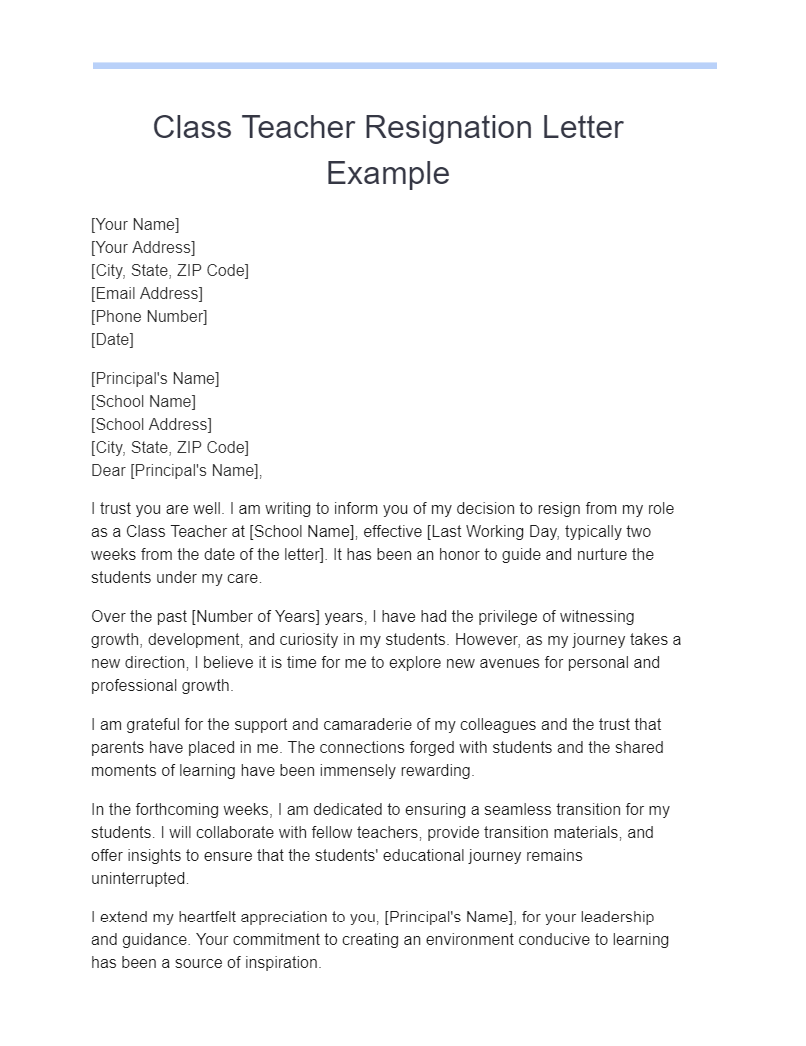 class teacher resignation letter examples