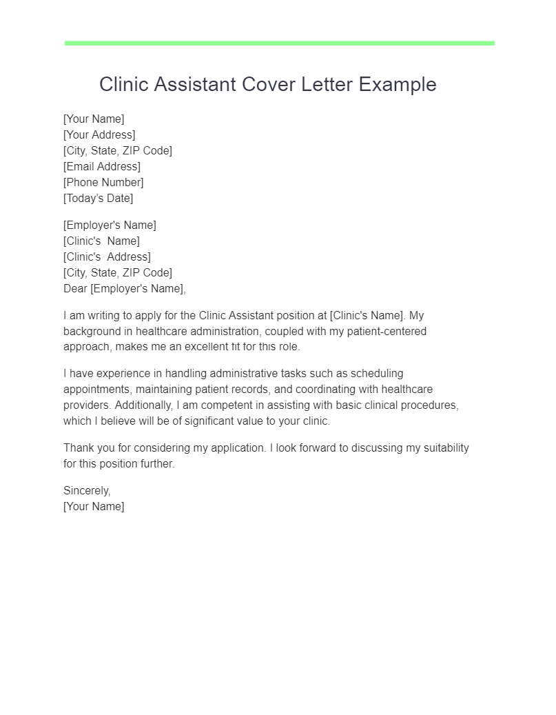 clinic assistant cover letter example