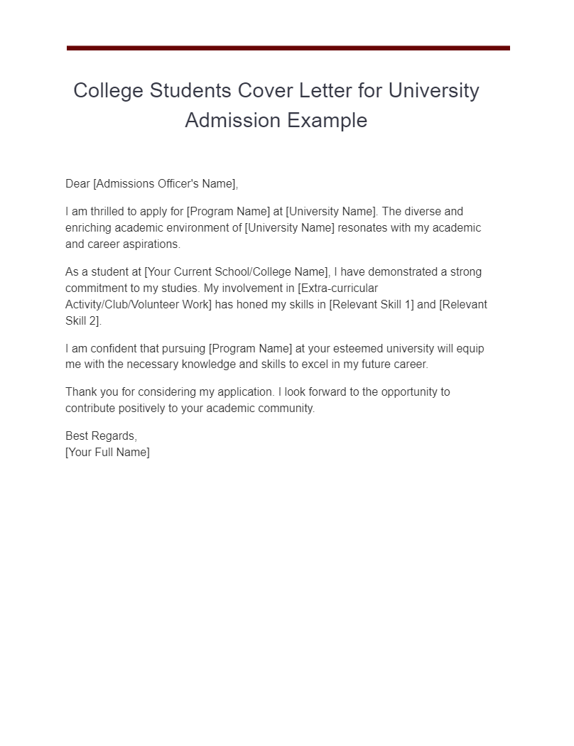 college students cover letter for university admission example