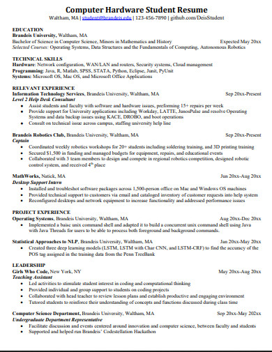 Computer Hardware Student National Honor Society Resume Example