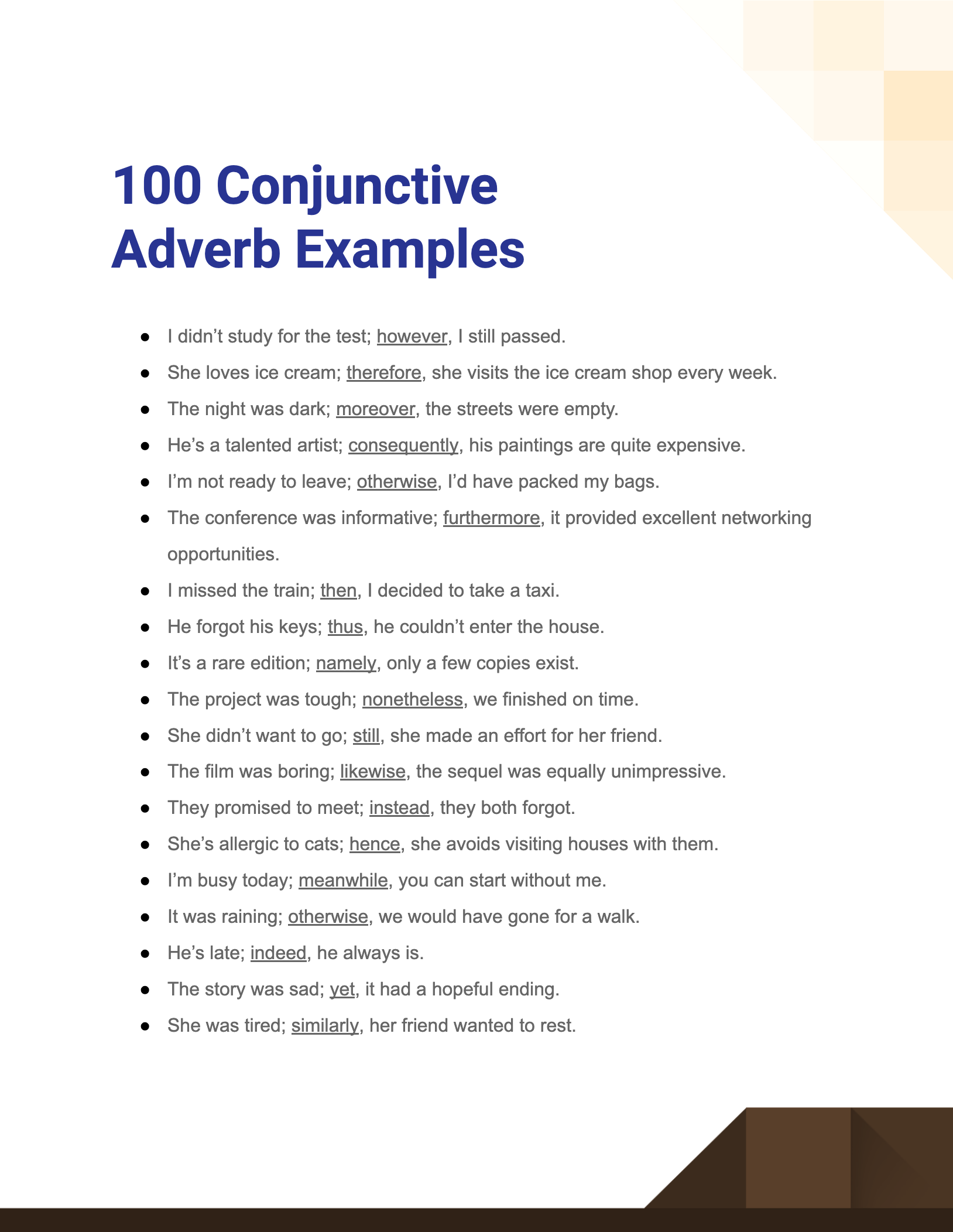 100+ Conjunctive Adverb Examples, How to Use, Tips