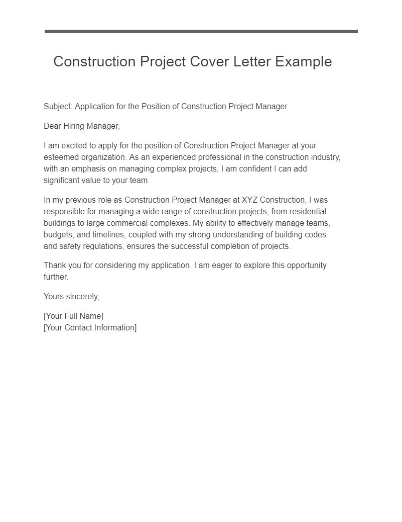 construction project cover letter example