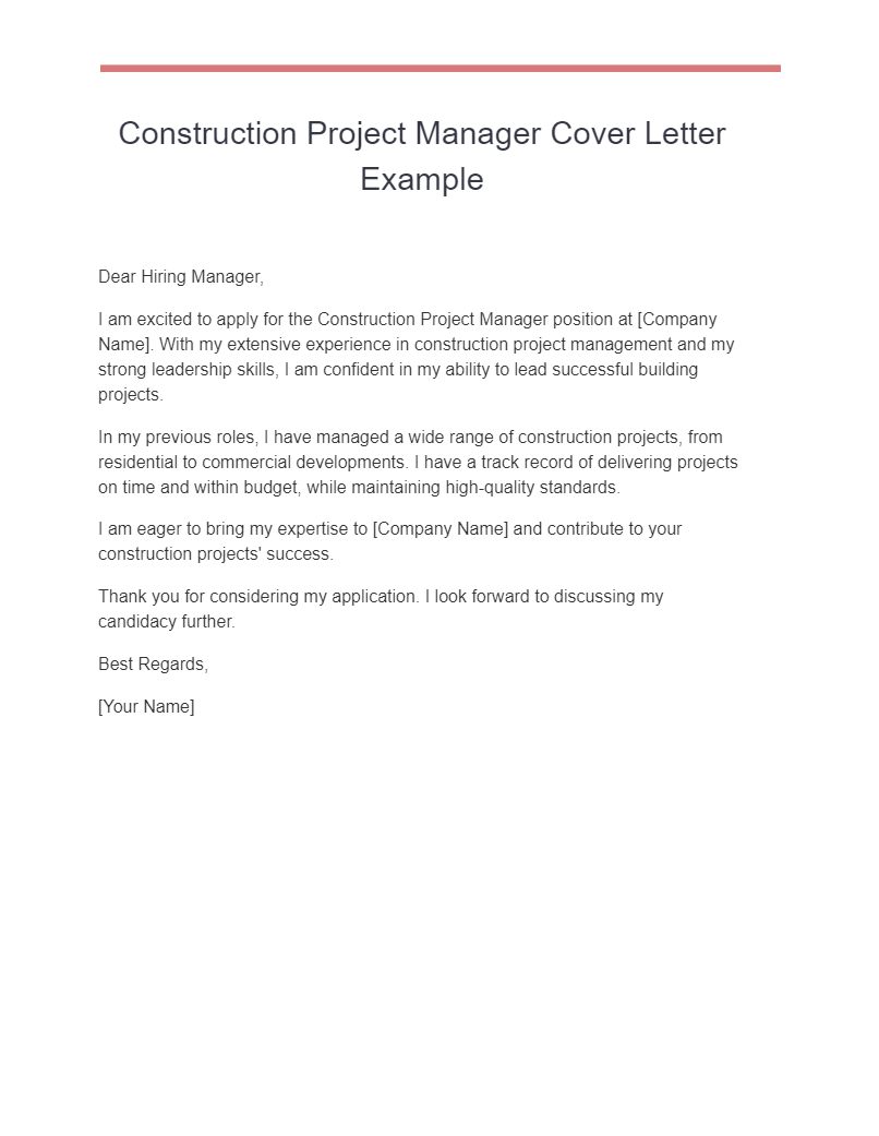 construction project manager cover letter example