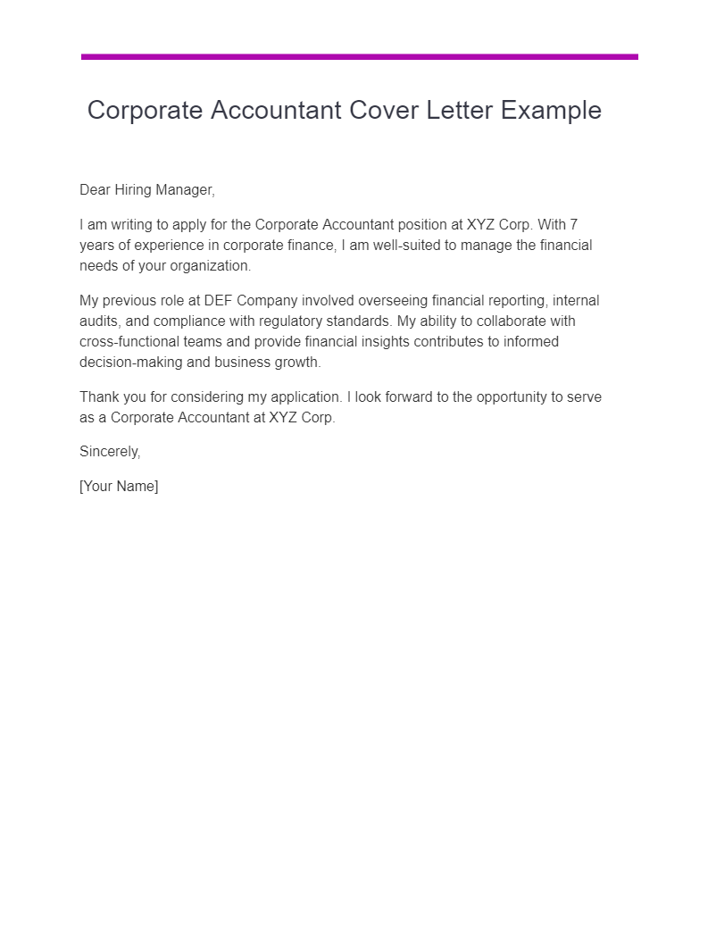 Corporate Accountant Cover Letter Example