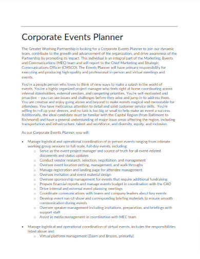Corporate Events Planner Resume