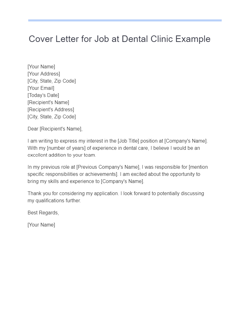 Cover Letter for Job at Dental Clinic Example