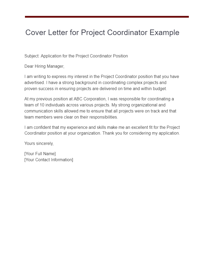 cover letter for project coordinator example
